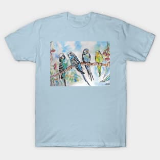 Colourful Budgies Budgerigars Sitting on A Branch Watercolor Painting T-Shirt